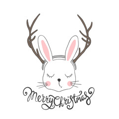 Christmas hand drawn template with cute bunny and lettering. Rabbit in fancy dress deer