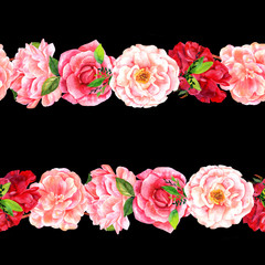 Seamless border of watercolor flowers on black background