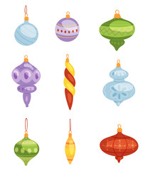 Christmas tree toys vector decorations balls, circle, stars, bells for decorate New Year Xmas tree toys on branches illustration