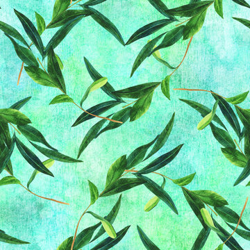 Seamless pattern with watercolor olive branch on teal green