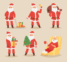 Christmas Santa Claus vector character poses illustration Xmas man in red traditional costume and Santa hat
