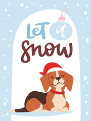 Christmas 2018 dog card vector cute cartoon puppy characters illustration home pets doggy Xmas print design web banner celebrate in Santa Red Hat