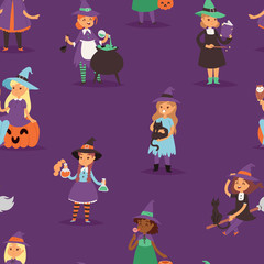 Obraz na płótnie Canvas Cute vector Witch Halloween little girl harridan with broom with copper cartoon magic young witch woman dress character costume hat witchcraft illustration seamless pattern background