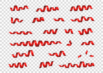 Red  shiny serpentine ribbons isolated on transparent background.