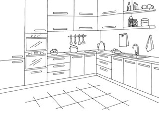 Kitchen room graphic black white interior sketch illustration vector