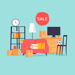 Fototapeta premium Garage sale, unnecessary things. Flat design vector illustration.