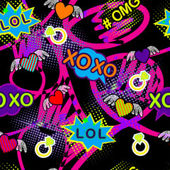 Abstract seamless sport pattern for girl and boy. Creative colorful sport wallpaper with Pop art comics speech bubbles, clouds,words. Grunge urban background for textile, fashion, sport clothes.