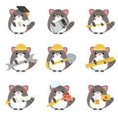 Vector set of gray  cats various professions: Scientist, accountant, teacher, engineer, worker, builder, doctor, baker, programmer. Cute cartoon illustration