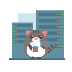 Anthropomorphic gray  cat - programmer standing with computer and coffee in server room. Cute vector illustration