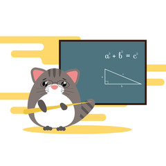 Anthropomorphic gray  cat - teacher standing with board and teaching of geometry theorem. Cute vector illustration