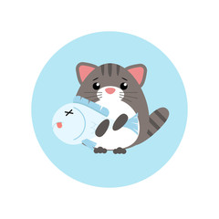 Vector icon cat with fish on blue background. Flat design