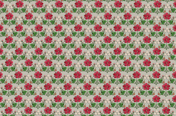 Seamless beige background from embroidery bouquets of red with white flowers and clover leaves
