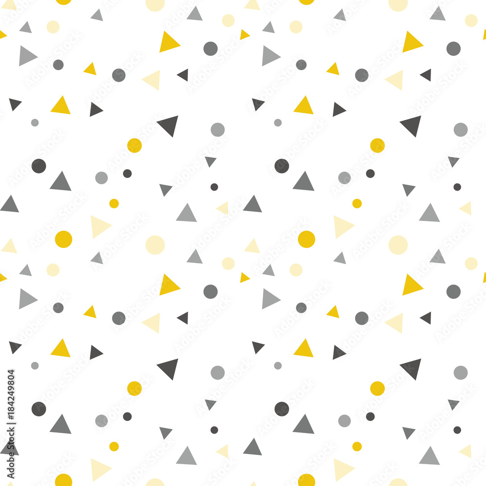 Poster party celebration confetti triangles and dots vector seamless pattern.