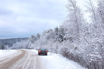 landscape Road in the winter forest with snow covered