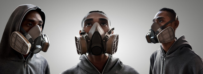 Set of graffiti artist wearing a gas mask