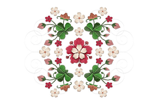 Embroidered ornament of bouquet  red with white flowers and clover leaves on white background


