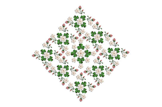 Square pattern for embroidery  with bouquets of with  flowers and clover leaves on white background
