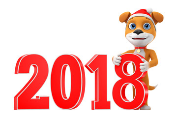 Cheerful New Year's dog on a white background with an inscription 2018. 3d render illustration.