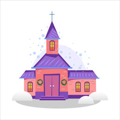 Naklejka premium merry christmas and happy new year card, church and green tree under snow, christianity and Catholic winter city cathedral vector illustration, religious holy background