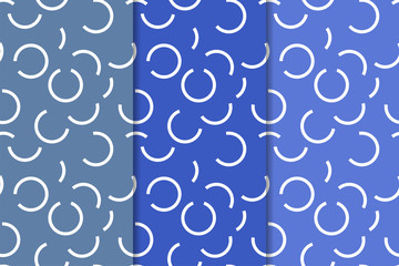 Set of geometric ornaments. Blue seamless patterns