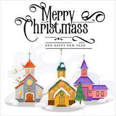 Obraz premium merry christmas and happy new year card, church and green tree under snow, christianity and Catholic winter city cathedral vector illustration, religious holy background