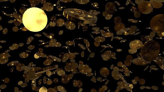 Bitcoins fallen herunter vor schwarzem Hintergrund - Key