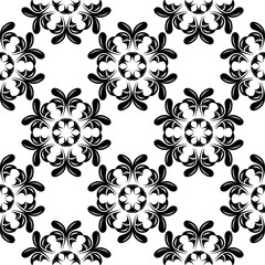 Black flowers on white background. Ornamental seamless pattern