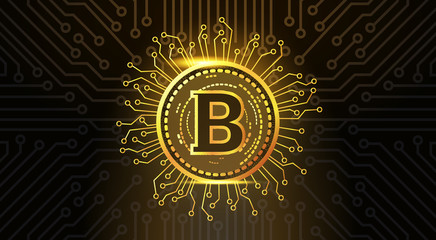 Golden Bitcoin Crypto Currency Icon Over Dark Circuit Background Modern Web Money Concept Vector Illustration