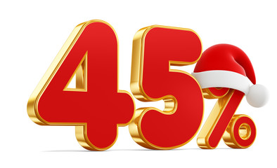 Fifty five. Christmas illustration of golden and red percent and hat on a white background. 3D rendering illustration.