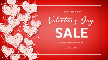 Promo Web Banner for Valentine's Day Sale. Beautiful Background with Realistic Candy Hearts. Vector Illustration with Seasonal Offer.