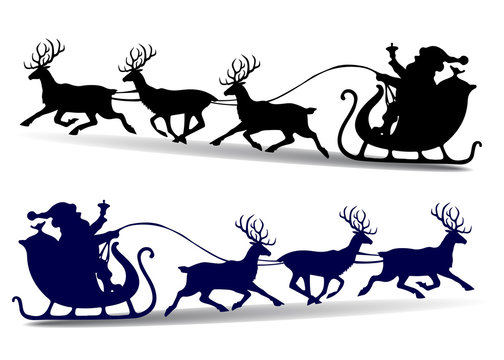 Christmas Silhouette of Santa Claus rides in a sleigh on deer, cartoon on white background,