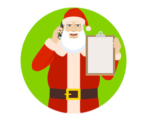 Santa Claus talking on the mobile phone and holding clipboard