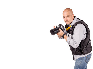 military press photographer with a professional camera. Isolated on white background