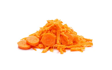 Fresh carrot slices and shavings isolated on white background