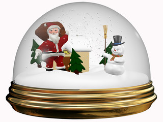 Weihnachtsmann mit einem Sack mit Geschenken und einem Schneemann in einer Schneekugel.