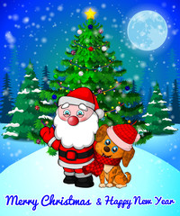 Merry Christmas greeting card with cute Santa and cristmas dog on forest and snowflakes background.