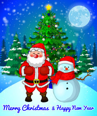 Fototapeta na wymiar Merry Christmas greeting card with cute Santa and snowman on forest and snowflakes background.