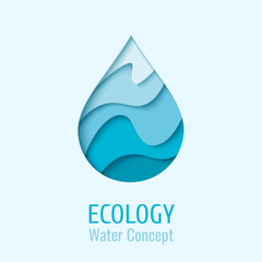 Water drop Ecology logo design template. Vector abstract waterdrop paper cut style logotype. Save water - ecology concept