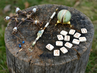 Wicca magic objects, pentagram, runes and crystal ball. Occult, esoteric, divination and wicca...