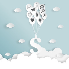 Dollar sign hanging with balloon of business strategy icons flying on blue sky and clouds with creative idea concept paper art style.Vector illustration.