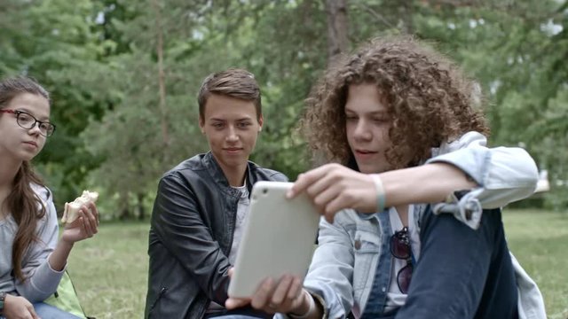 Multi-ethnic company of teenage boys and girls having picnic on green lawn in the park, smiling and watching something on digital tablet