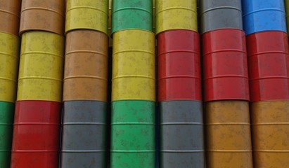 Pile of many oil barrels. 3D rendered illustration.