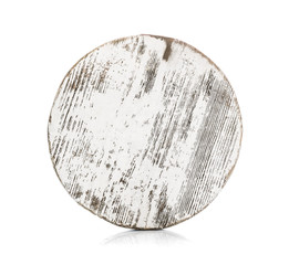 Vintage round white wooden cooking board isolated on white background .