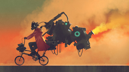 robot man on a bike designed with futuristic machines, digital art style, illustration painting