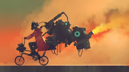 Fotobehang robot man on a bike designed with futuristic machines, digital art style, illustration painting © grandfailure
