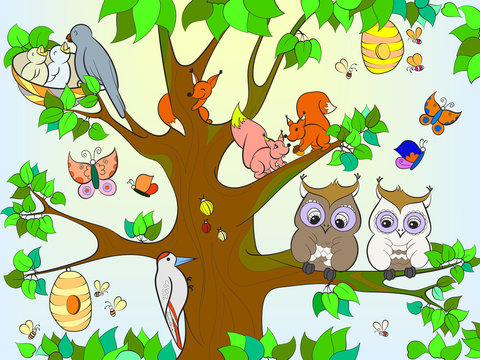 Animals and birds living on the tree coloring for children cartoon vector illustration