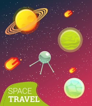 Space banner with planets, comet, stars. design elements
