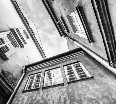 bottom view colorful houses in the center of Warsaw. Photo in black and white © Ievgen Skrypko