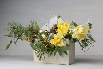 decorative bouquet in a wooden box