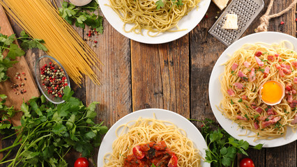 assorted spaghetti with sauce and ingredient